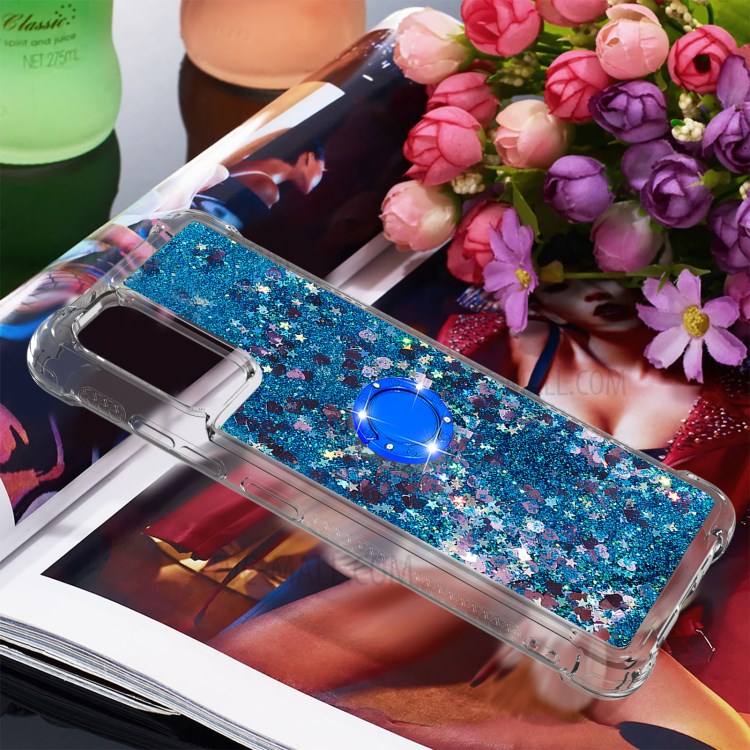 Glitter Liquid Sparkle Floating Shiny Quicksand Finger Ring Kickstand Clear Soft TPU Cover for Samsung Galaxy A32 4G (EU Version) - Blue Hearts-8