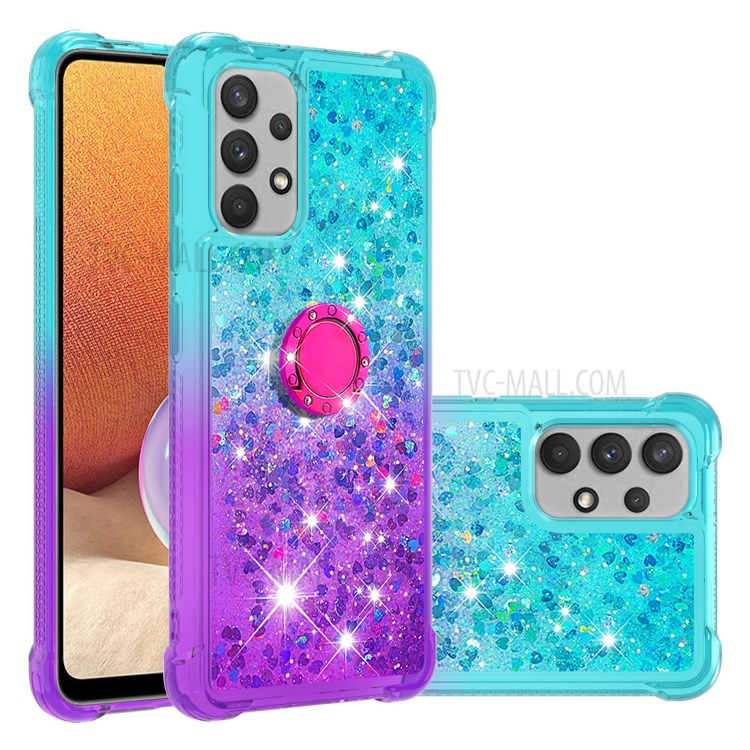 Ring Kickstand Design Sparkle Bling Gradient Quicksand Shockproof TPU Case for Samsung Galaxy A32 4G (EU Version) - Sky Blue/Purple-6