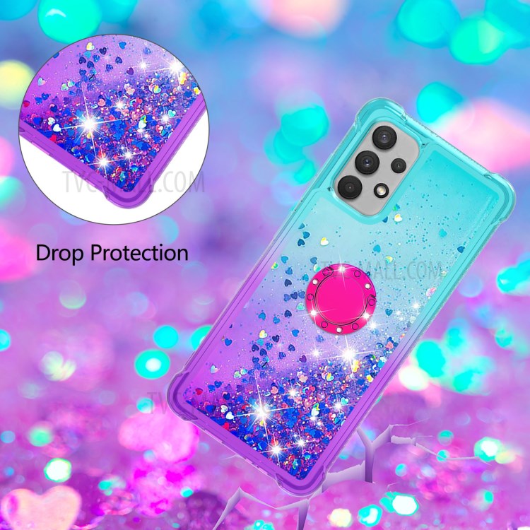 Ring Kickstand Design Sparkle Bling Gradient Quicksand Shockproof TPU Case for Samsung Galaxy A32 4G (EU Version) - Sky Blue/Purple-7
