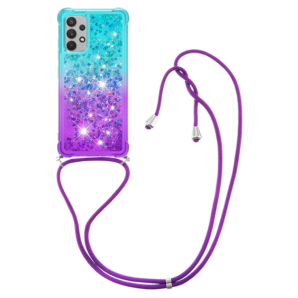 High Impact Resistant Gradient Glitter Powder Quicksand Soft TPU Cover with Strap for Samsung Galaxy A32 4G (EU Version) - Sky Blue/Purple-1