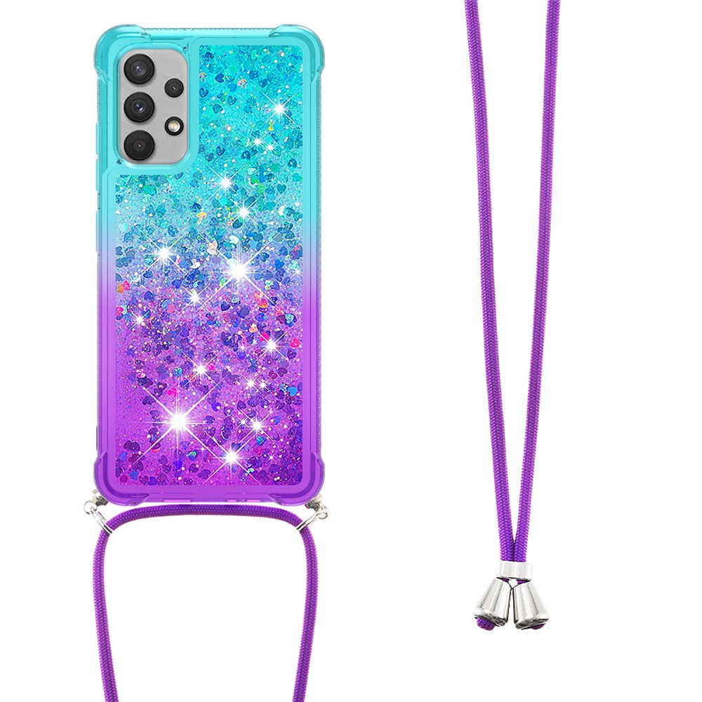 High Impact Resistant Gradient Glitter Powder Quicksand Soft TPU Cover with Strap for Samsung Galaxy A32 4G (EU Version) - Sky Blue/Purple-3