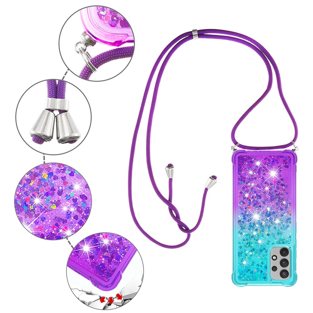 High Impact Resistant Gradient Glitter Powder Quicksand Soft TPU Cover with Strap for Samsung Galaxy A32 4G (EU Version) - Sky Blue/Purple-4