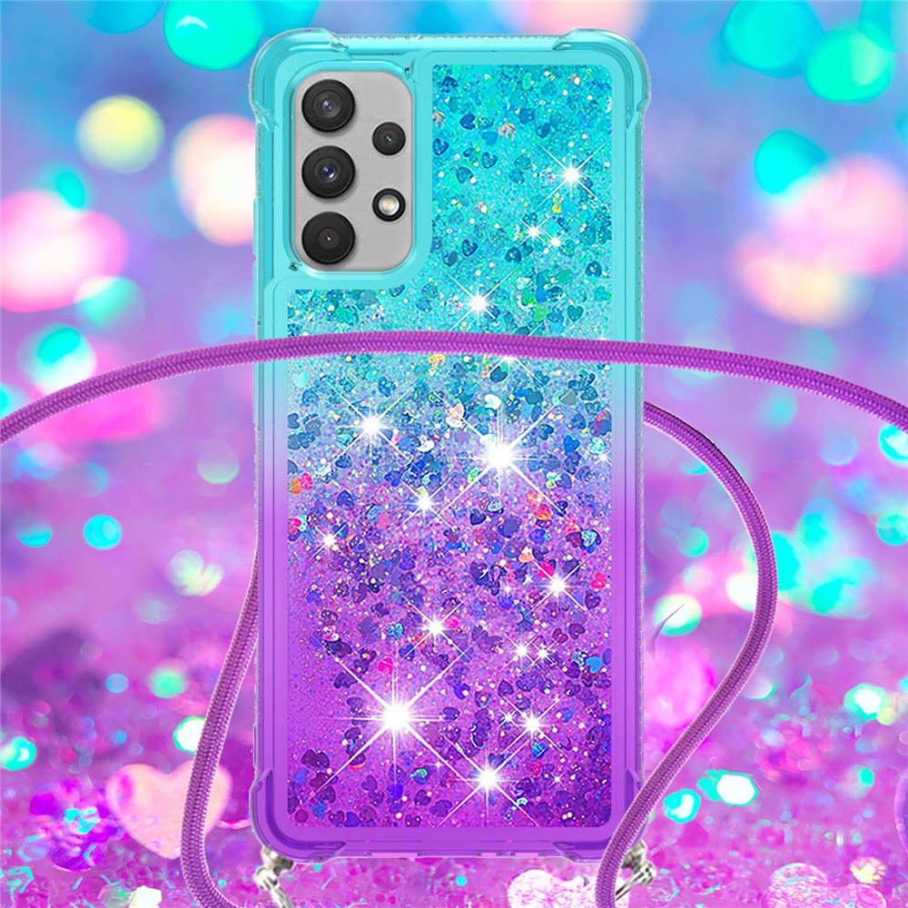 High Impact Resistant Gradient Glitter Powder Quicksand Soft TPU Cover with Strap for Samsung Galaxy A32 4G (EU Version) - Sky Blue/Purple-5