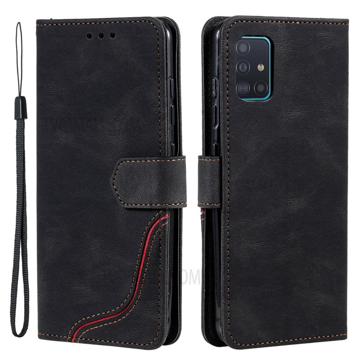 Leather Wallet Stand Cover Skin-touch Feeling Tri-color Splicing Phone Shell for Samsung Galaxy A71 5G SM-A716 - Black-1