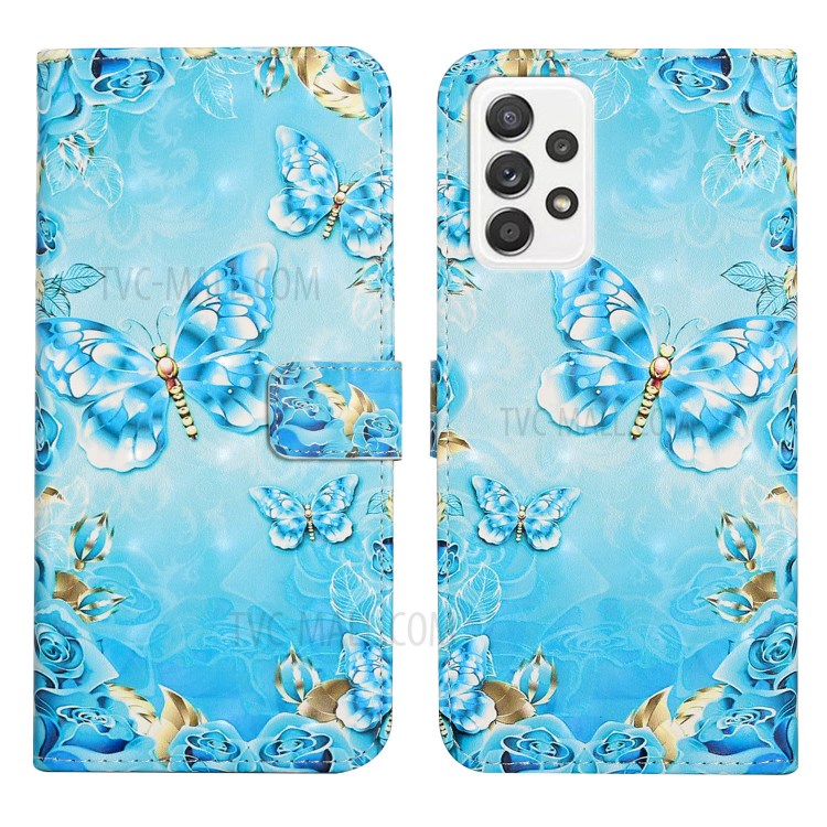 Flip Slim Premium PU Leather 3D Pattern Printing Design Shockproof Protective Cover for Samsung Galaxy A72 5G / 4G - Blue/Gold Butterfly-1