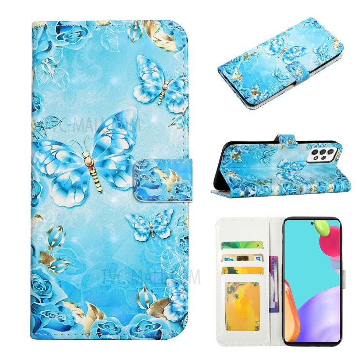 Flip Slim Premium PU Leather 3D Pattern Printing Design Shockproof Protective Cover for Samsung Galaxy A72 5G / 4G - Blue/Gold Butterfly-9