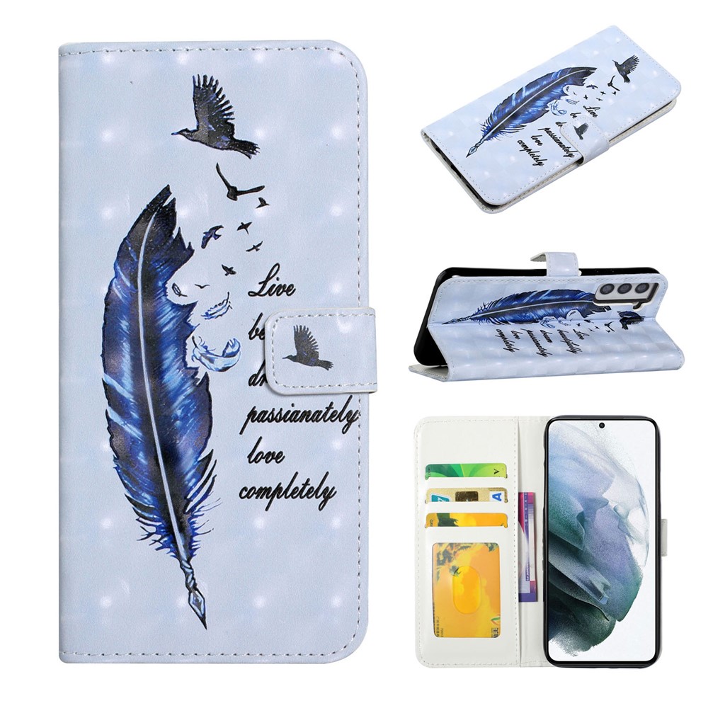 Ultra Wallet 3D Pattern Printing Style Premium PU Leather Flip Magnetic Closure Cover Case for Samsung Galaxy S21 FE - Blue Goose Feather-9