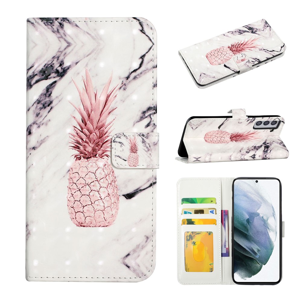 Full Body Shockproof 3D Pattern Printing PU Leather Folding Magnetic Stand Cover for Samsung Galaxy S21 5G - Pineapple Marble-9