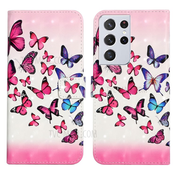 3D Pattern Printing PU Leather Stand Wallet Shockproof Protective Cell Phone for Samsung Galaxy S21 Ultra 5G - Pink/Blue Butterfly-1