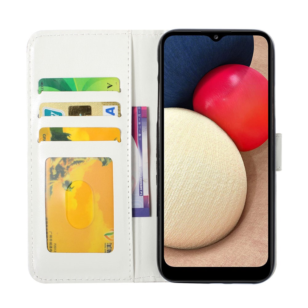 Portafoglio di Stampa a Motivi Simpatici 3D PU Paferet Cafferme Flip Foio Vista Per Samsung Galaxy A02s (164.2x75.9x9.1mm) / M02s - Piuma