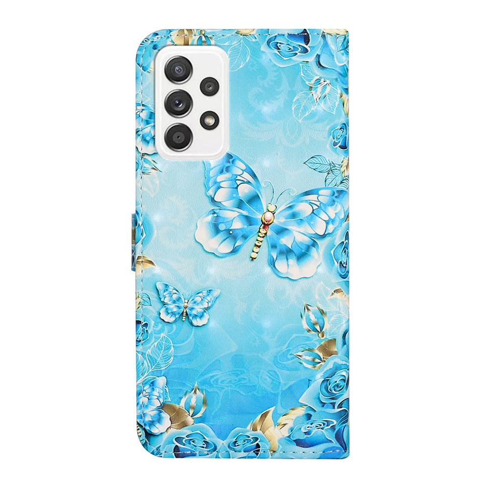3D Cartoon Color Drawing Pattern PU Leather Wallet Stand Feature Flip Cover for Samsung Galaxy A52 5G / 4G - Blue/Gold Butterfly-3