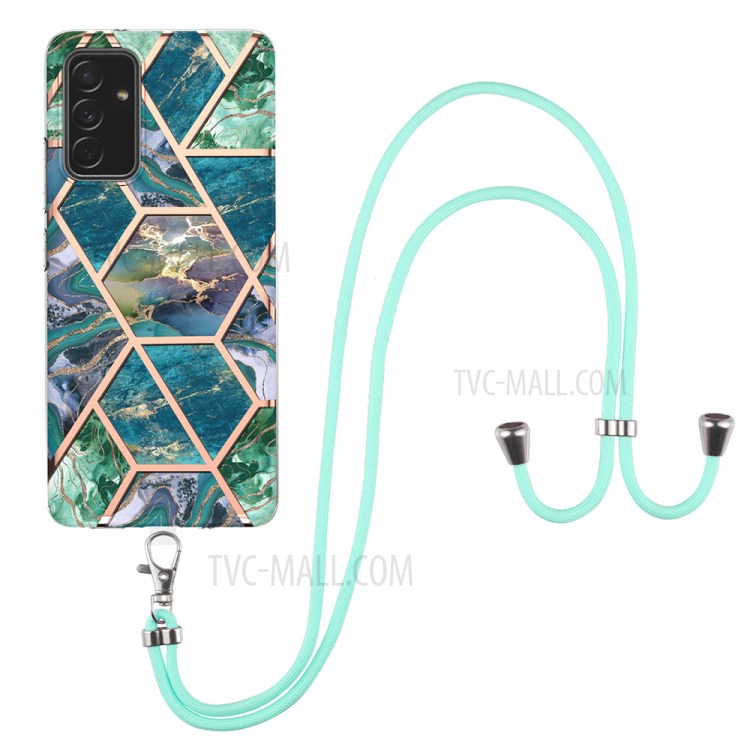 Shockproof Protection Splicing Marble (2.0 mm) IMD Electroplating Soft Rubber TPU Bumper Cover with Lanyard for Samsung Galaxy A82 5G - Blue/Green-1