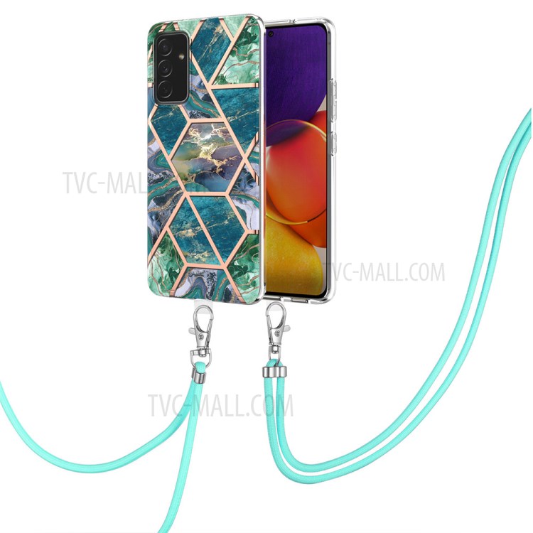 Shockproof Protection Splicing Marble (2.0 mm) IMD Electroplating Soft Rubber TPU Bumper Cover with Lanyard for Samsung Galaxy A82 5G - Blue/Green-2