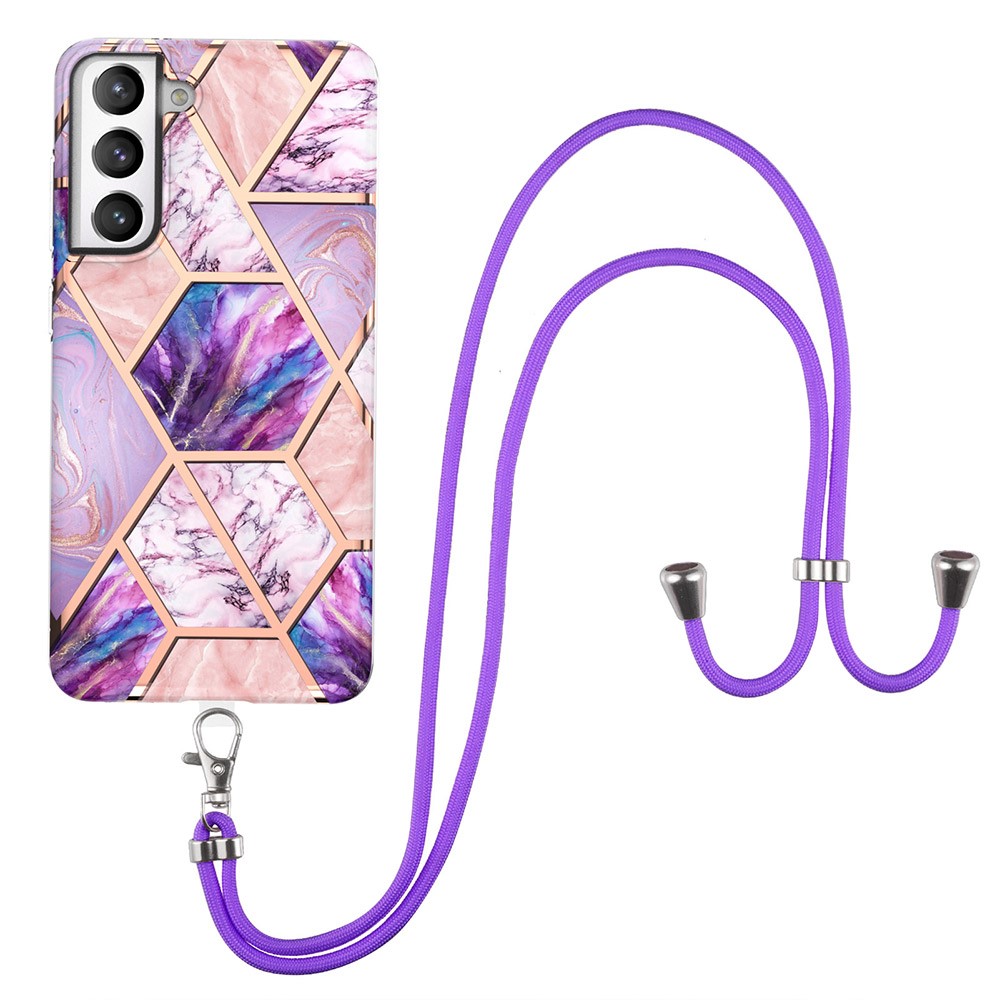 Soft Flexible TPU Splicing Marble Style (2.0mm) IMD Electroplating Protective Case with Lanyard for Samsung Galaxy S21 FE - Pink/Purple-1
