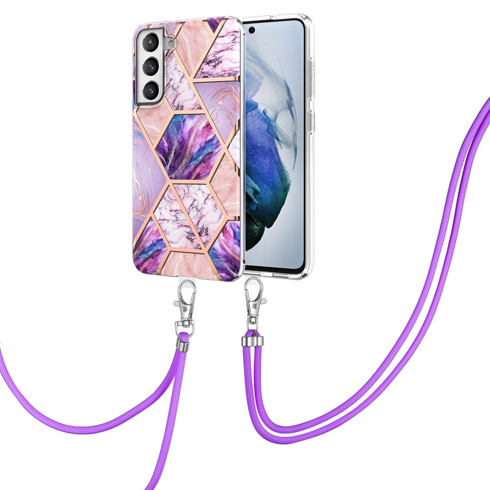Soft Flexible TPU Splicing Marble Style (2.0mm) IMD Electroplating Protective Case with Lanyard for Samsung Galaxy S21 FE - Pink/Purple-2