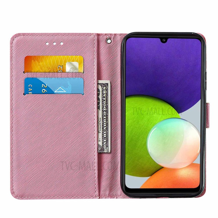 Cross Texture Pattern Printing Wallet with Stand Design Leather Flip Cover for Samsung Galaxy A22 4G (EU Version) - Pink Butterflly-3