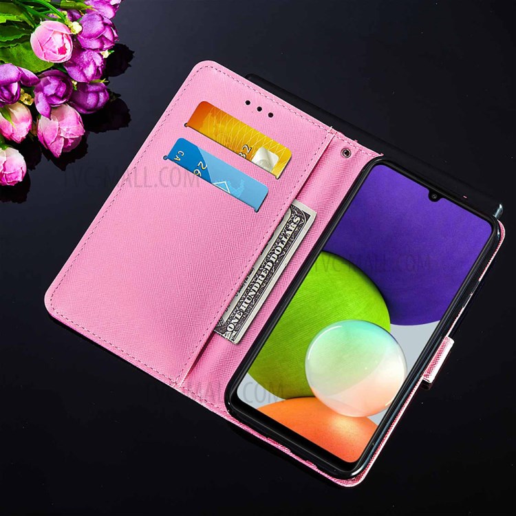 Cross Texture Pattern Printing Wallet with Stand Design Leather Flip Cover for Samsung Galaxy A22 4G (EU Version) - Pink Butterflly-8