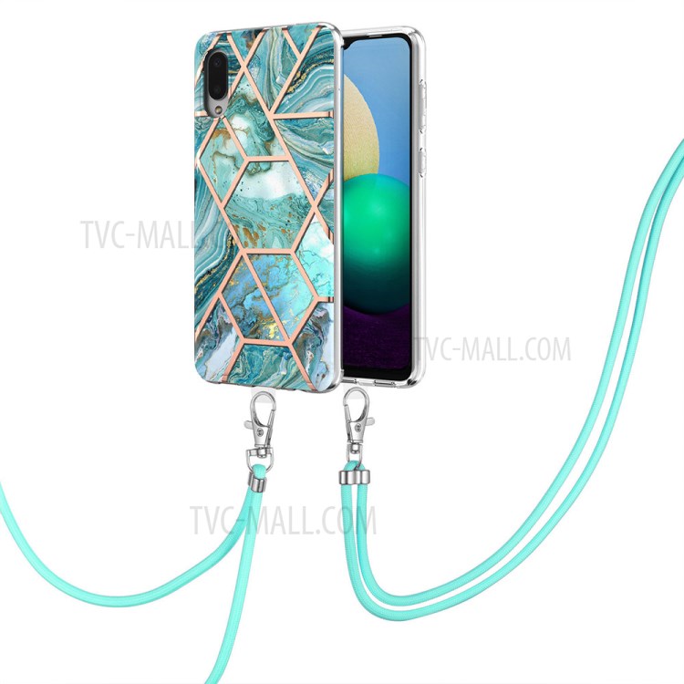 Soft TPU + IMD Electroplating Sided Splicing Marble Phone Cover (2.0mm) with Lanyard for Samsung Galaxy A02 / Galaxy M02 - Blue-2