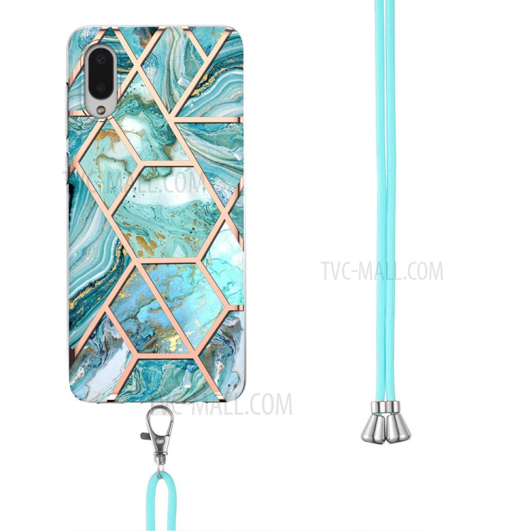 Soft TPU + IMD Electroplating Sided Splicing Marble Phone Cover (2.0mm) with Lanyard for Samsung Galaxy A02 / Galaxy M02 - Blue-3