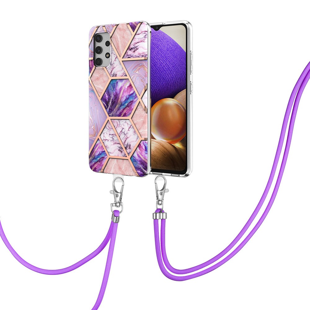 Full-Body Protective Marble Splicing Pattern (2.0 mm) IMD Electroplating TPU Shockproof Cover with Lanyard for Samsung Galaxy A32 4G (EU Version) - Pink/Purple-2