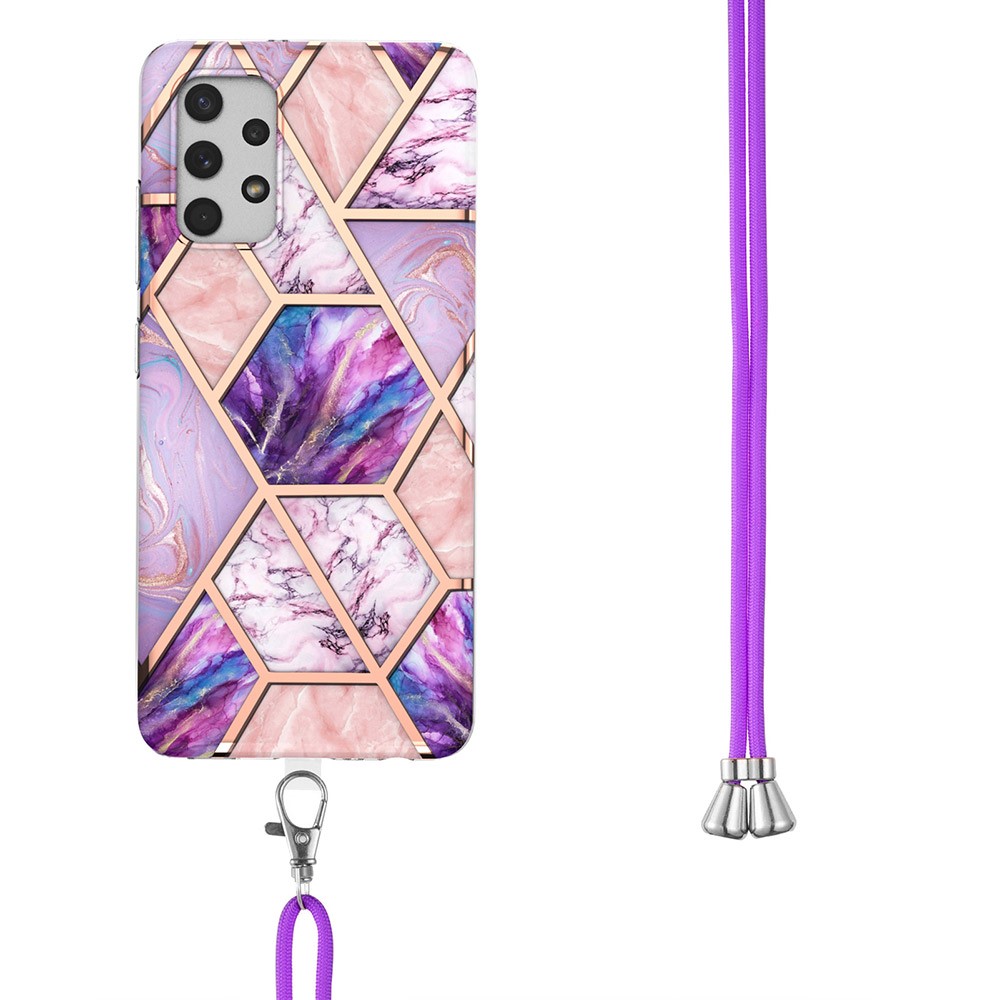 Full-Body Protective Marble Splicing Pattern (2.0 mm) IMD Electroplating TPU Shockproof Cover with Lanyard for Samsung Galaxy A32 4G (EU Version) - Pink/Purple-3