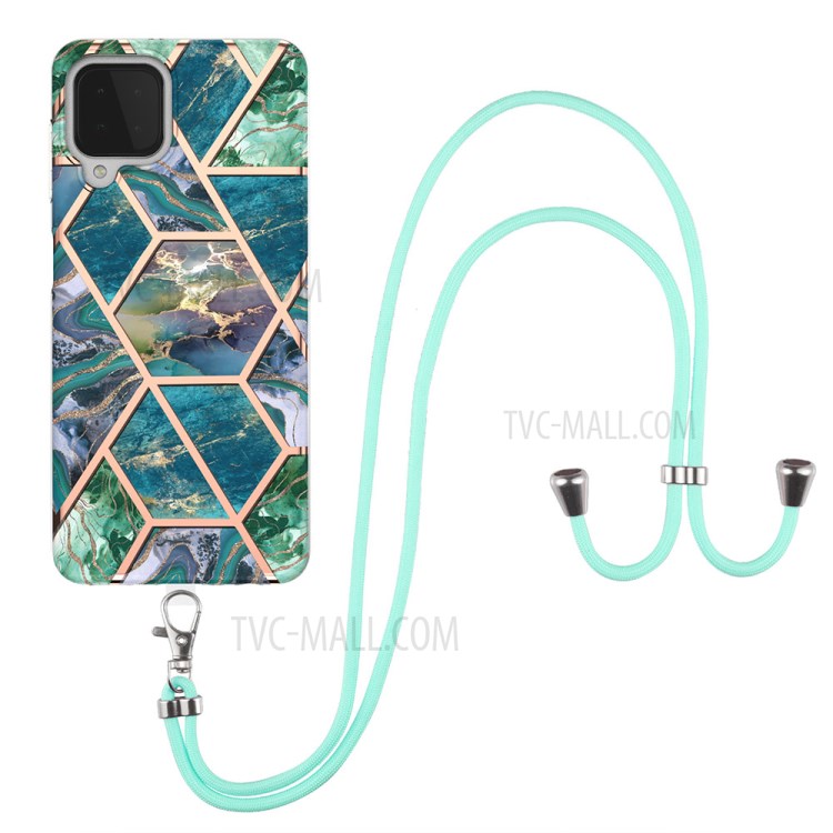 IMD Electroplating Marble Fashion Design (2.0mm) Splicing TPU Cell Phone with Lanyard Strap for Samsung Galaxy A22 4G (EU Version) - Blue/Green-1