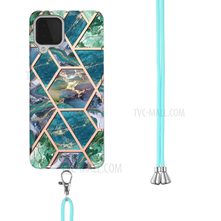 IMD Electroplating Marble Fashion Design (2.0mm) Splicing TPU Cell Phone with Lanyard Strap for Samsung Galaxy A22 4G (EU Version) - Blue/Green-3