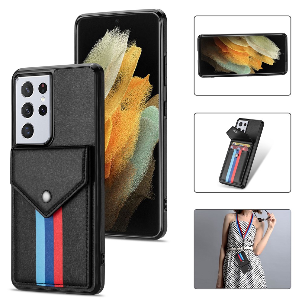 Tri-color Card Slots TPU + PU Leather Hybrid Phone Case Cover for Samsung Galaxy S21 Ultra 5G - Black-1