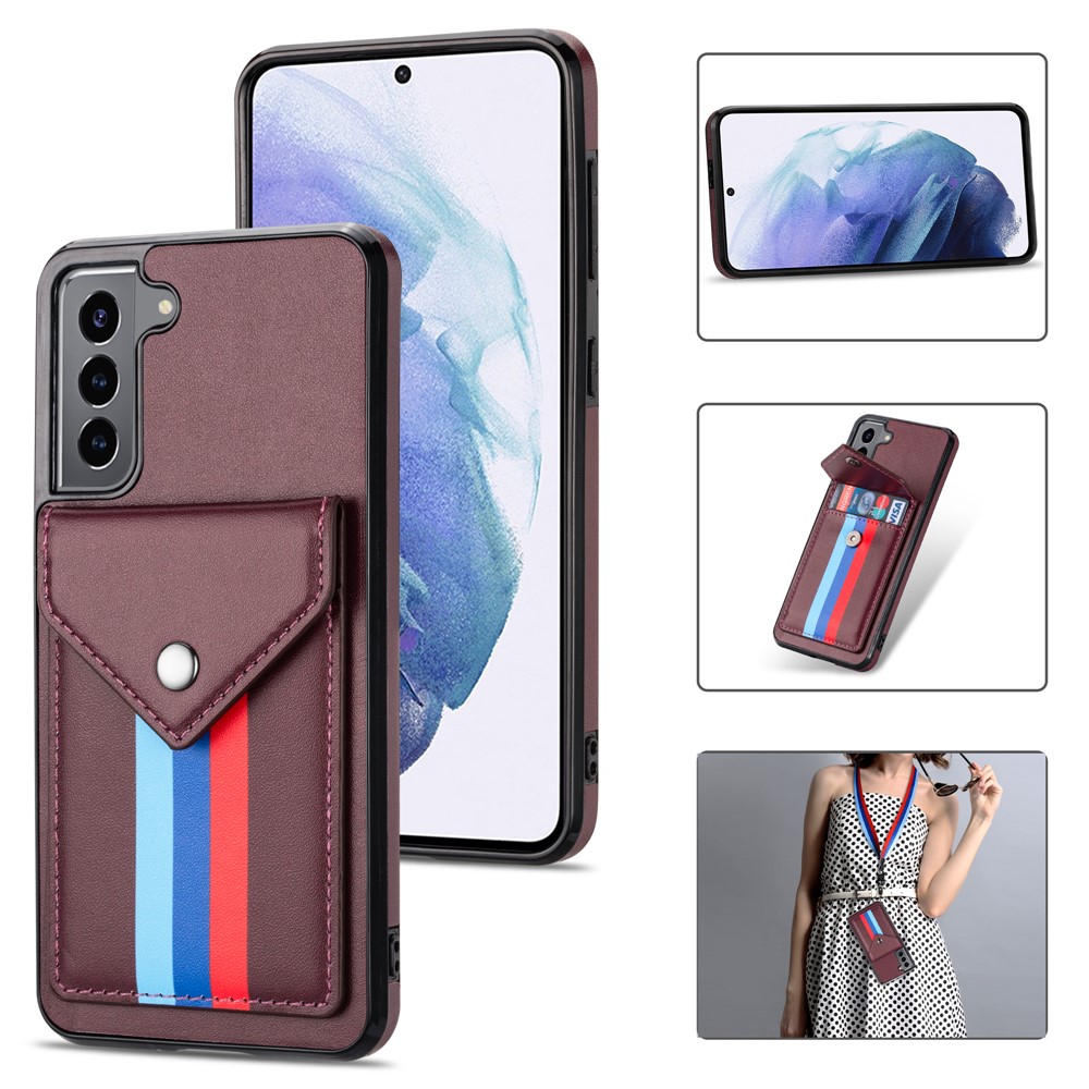 Card Slot Design Tri-color TPU + PU Leather Hybrid Phone Case with Lanyard for Samsung Galaxy S21+ 5G - Brown-1