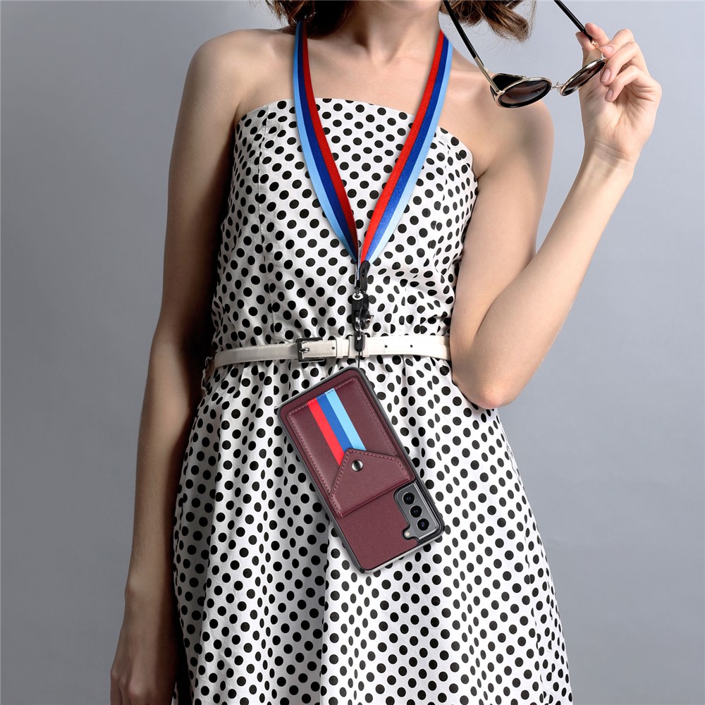 Card Slot Design Tri-color TPU + PU Leather Hybrid Phone Case with Lanyard for Samsung Galaxy S21+ 5G - Brown-10