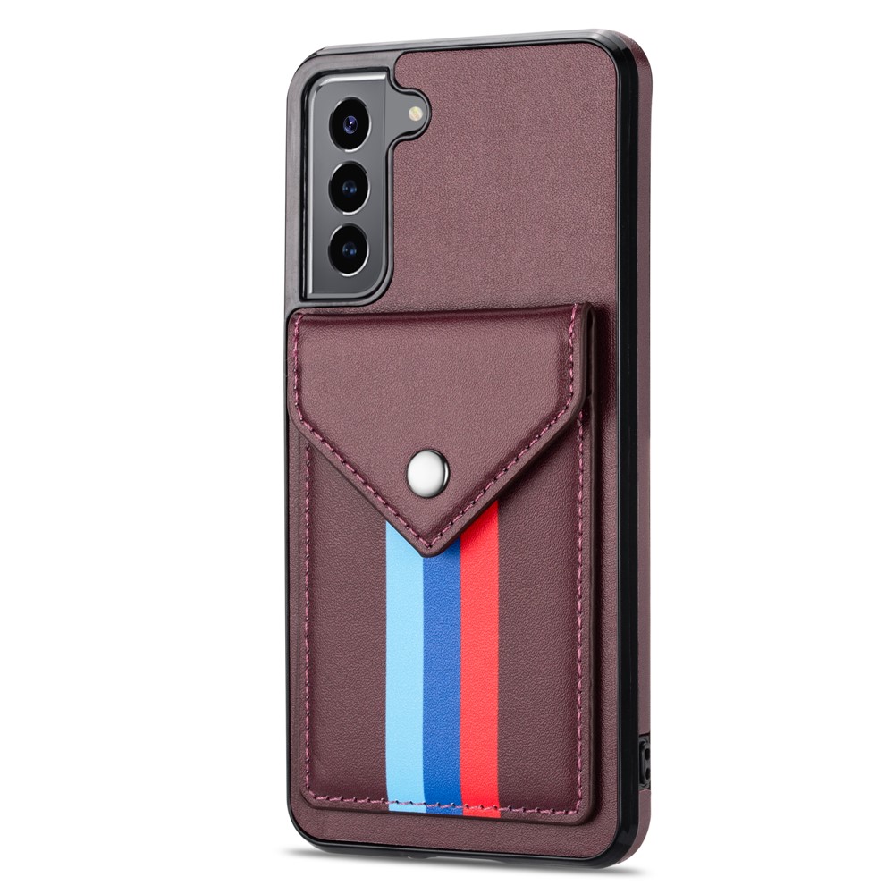 Card Slot Design Tri-color TPU + PU Leather Hybrid Phone Case with Lanyard for Samsung Galaxy S21+ 5G - Brown-2