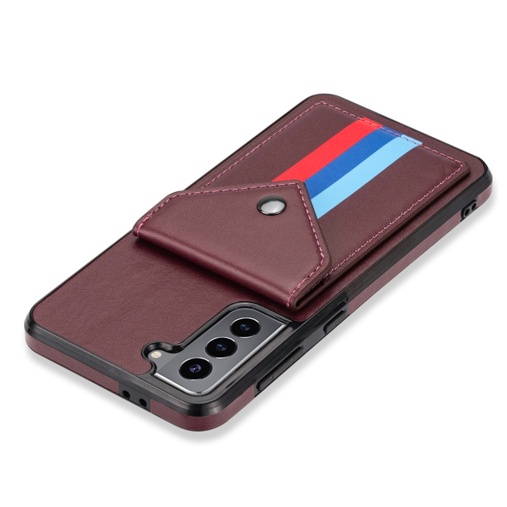 Card Slot Design Tri-color TPU + PU Leather Hybrid Phone Case with Lanyard for Samsung Galaxy S21+ 5G - Brown-7