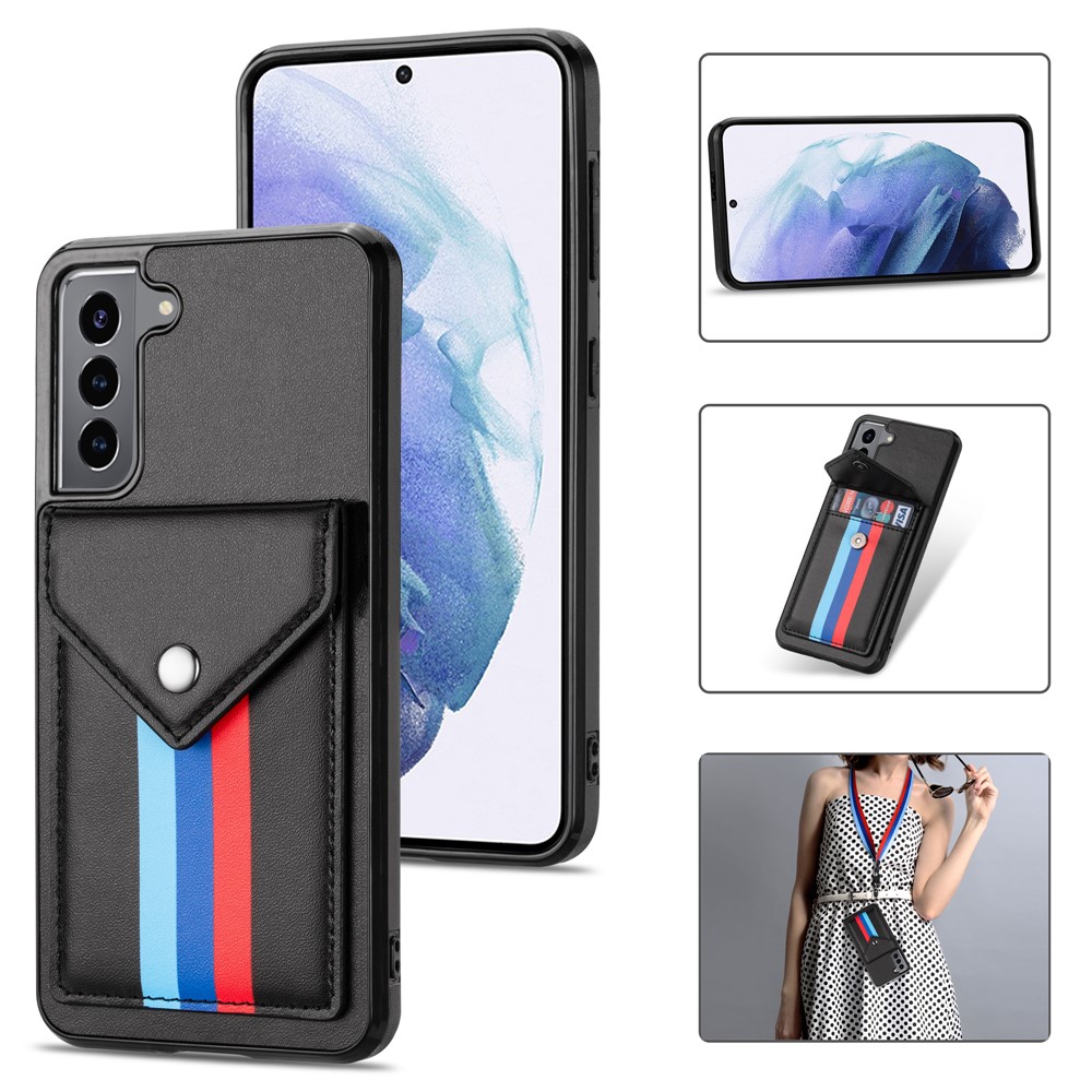 TPU + PU Leather Hybrid Case Tri-color Card Slot Cover with Lanyard for Samsung Galaxy S21 5G - Black-1