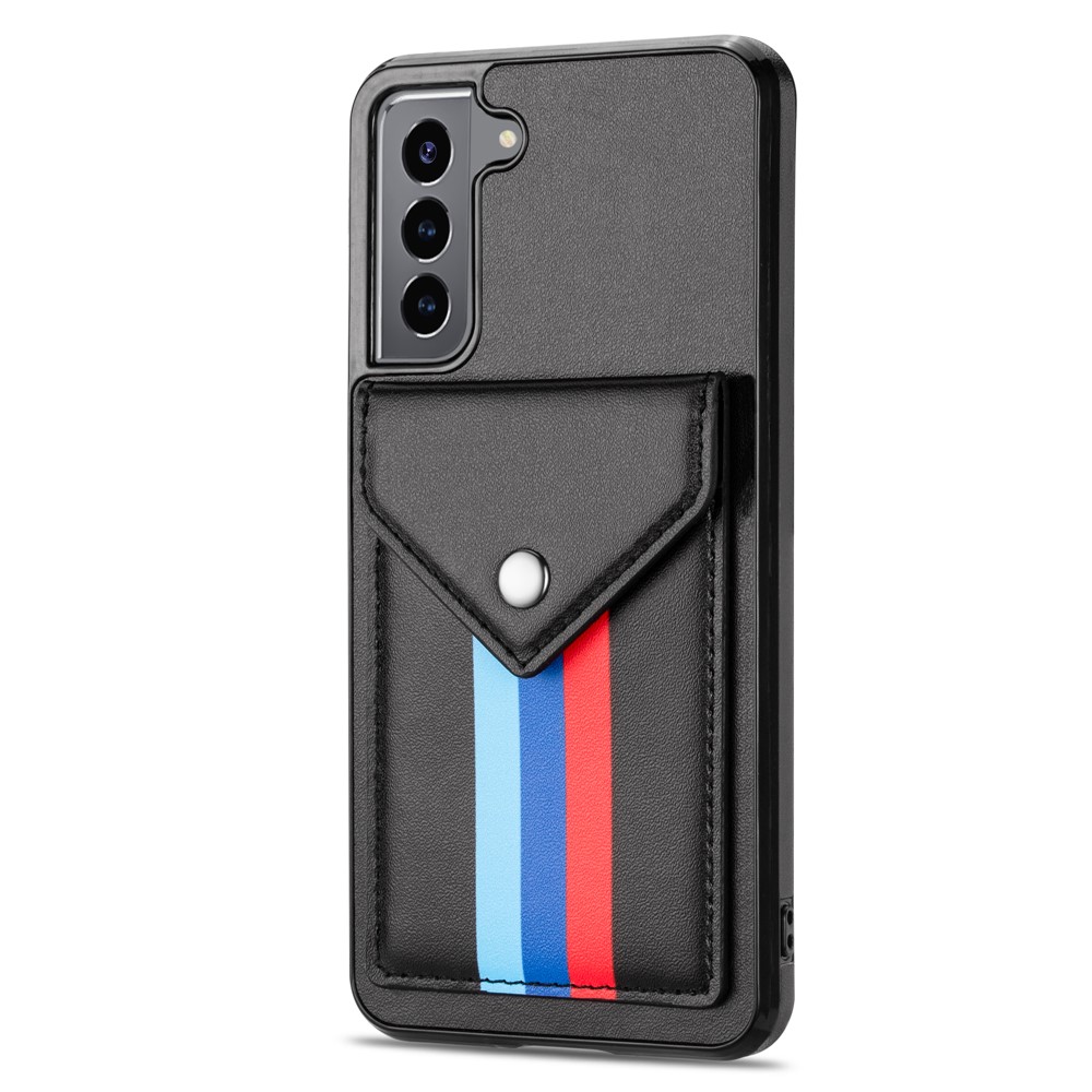 TPU + PU Leather Hybrid Case Tri-color Card Slot Cover with Lanyard for Samsung Galaxy S21 5G - Black-2