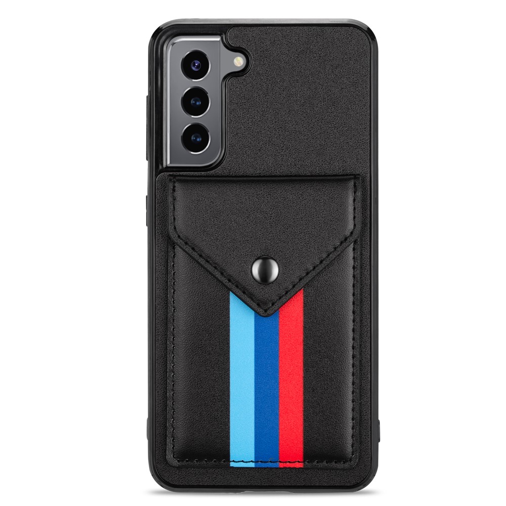 TPU + PU Leather Hybrid Case Tri-color Card Slot Cover with Lanyard for Samsung Galaxy S21 5G - Black-4