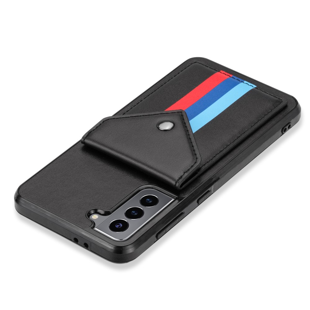 TPU + PU Leather Hybrid Case Tri-color Card Slot Cover with Lanyard for Samsung Galaxy S21 5G - Black-7
