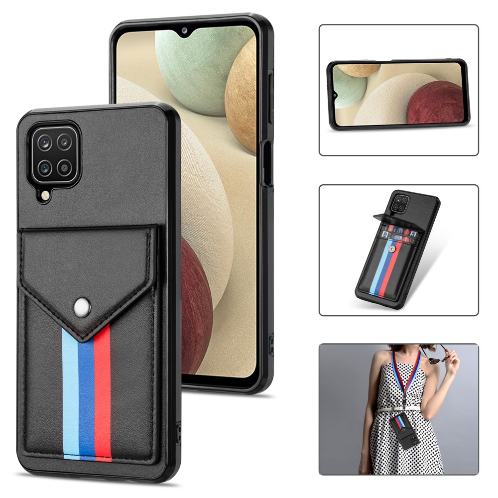 Card Slots Tri-color TPU + PU Leather Hybrid Phone Case Cover for Samsung Galaxy A12 - Black-1