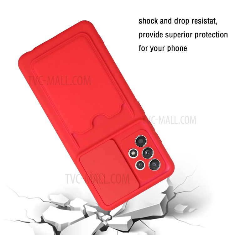 Soft TPU Card Holder Camera Protect Slide Phone Case Shockproof Cover for Samsung Galaxy A52 4G/5G - Red-3