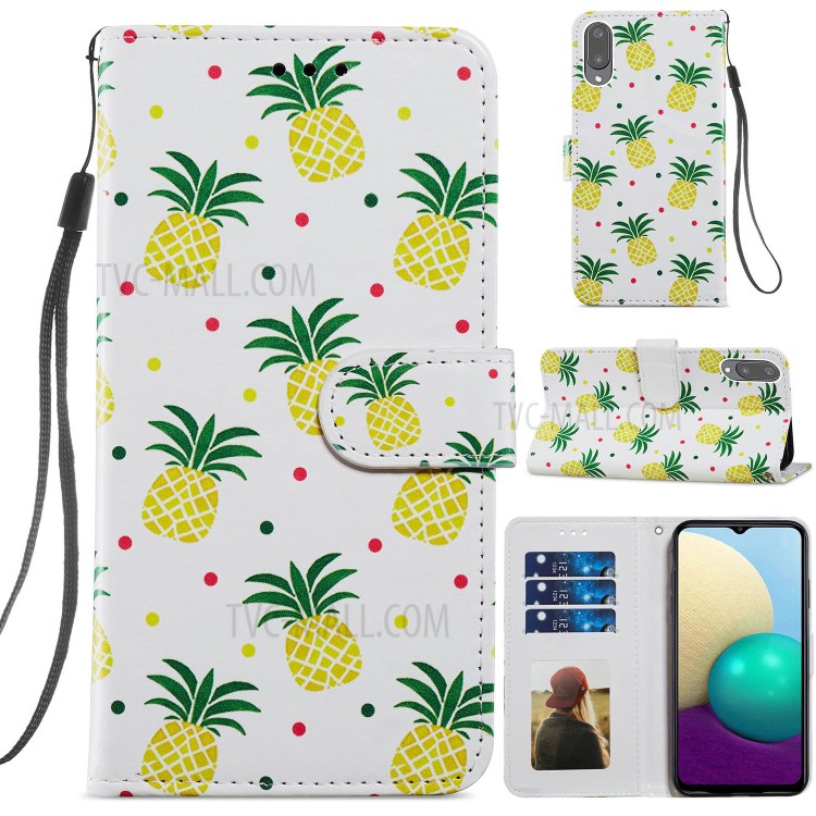 Pattern Printing Wallet Design Leather Phone Case Stand Cover for Samsung Galaxy A02 (EU Version)/M02 - Pineapple-8