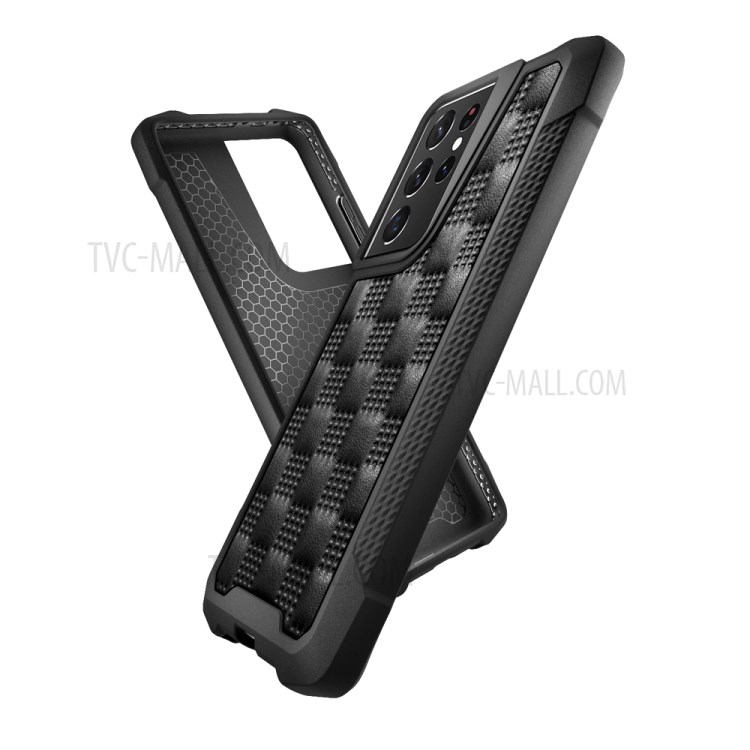 Phantom Series Shock Resistant Leather Coated TPU+PC Hybrid Phone Shell Protector for Samsung Galaxy S21 Ultra 5G - Black-10