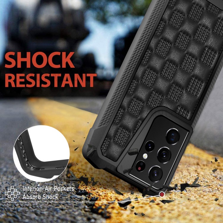 Phantom Series Shock Resistant Leather Coated TPU+PC Hybrid Phone Shell Protector for Samsung Galaxy S21 Ultra 5G - Black-6