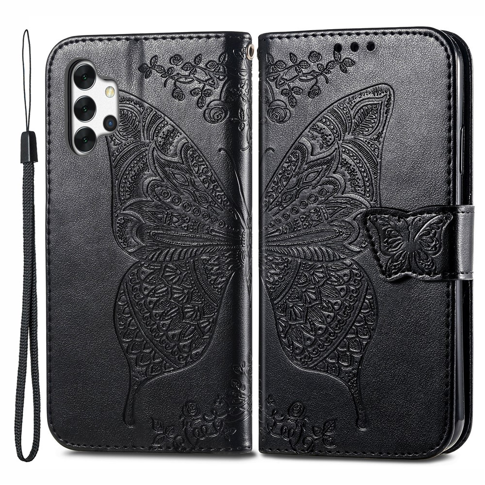 Big Butterfly Imprinting Wallet Design Leather Phone Stand Shell for Samsung Galaxy A32 4G (EU Version) - Black-1