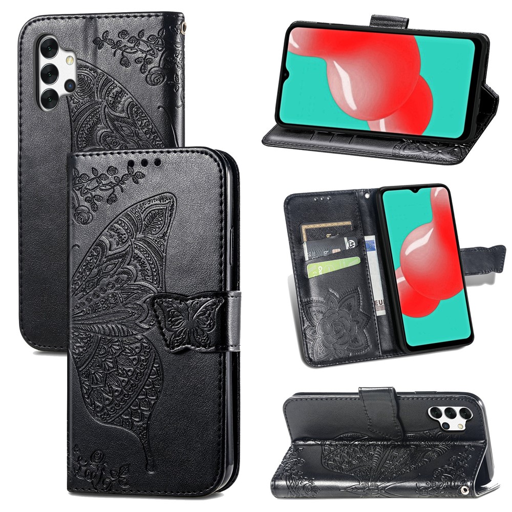 Big Butterfly Imprinting Wallet Design Leather Phone Stand Shell for Samsung Galaxy A32 4G (EU Version) - Black-12