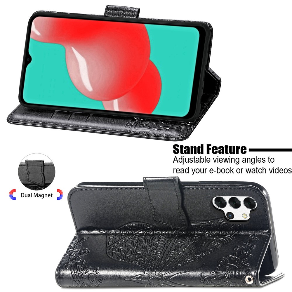 Big Butterfly Imprinting Wallet Design Leather Phone Stand Shell for Samsung Galaxy A32 4G (EU Version) - Black-2