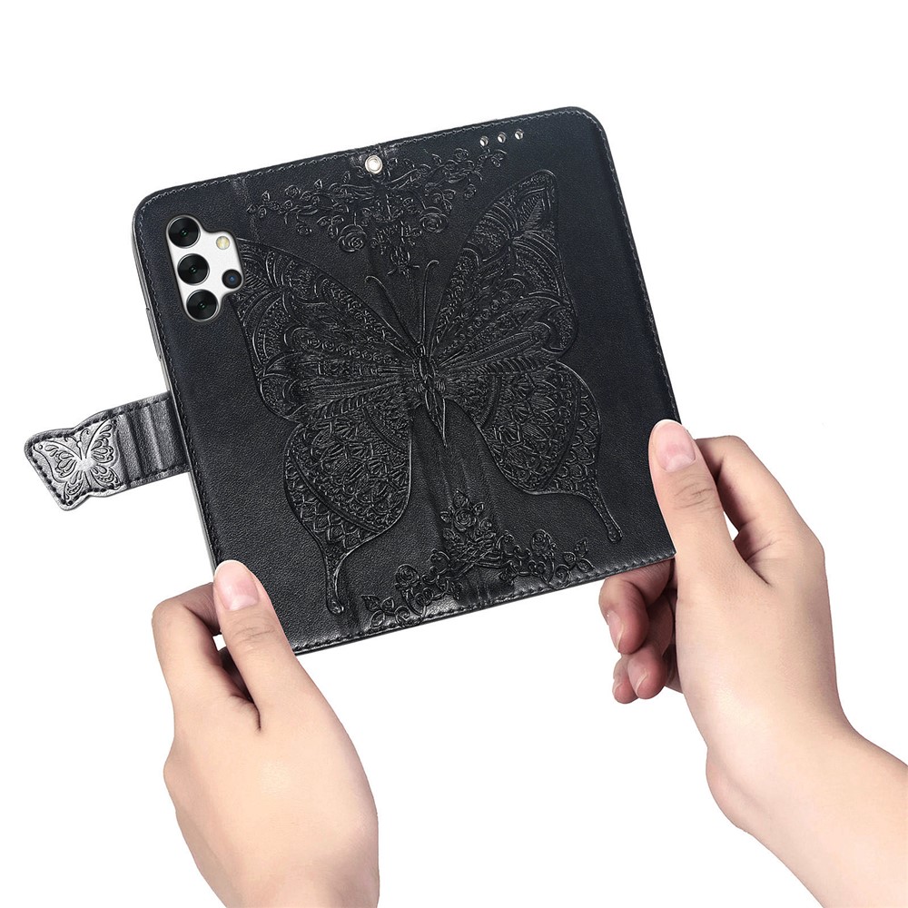 Big Butterfly Imprinting Wallet Design Leather Phone Stand Shell for Samsung Galaxy A32 4G (EU Version) - Black-3
