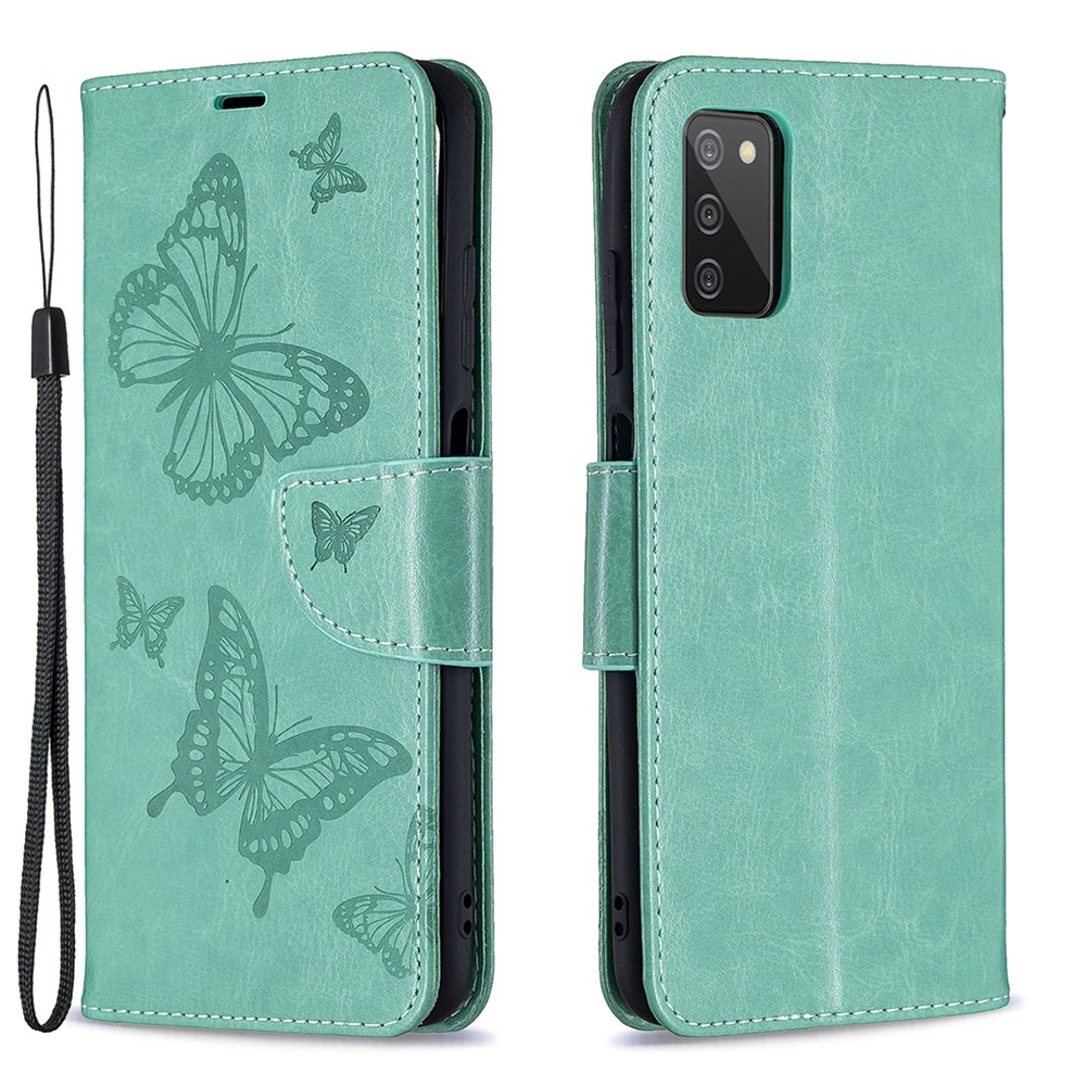 Imprint Butterfly Flower PU Leather Magnetic Flip Folio Wallet Case with Wrist Strap for Samsung Galaxy A03s - Green-1