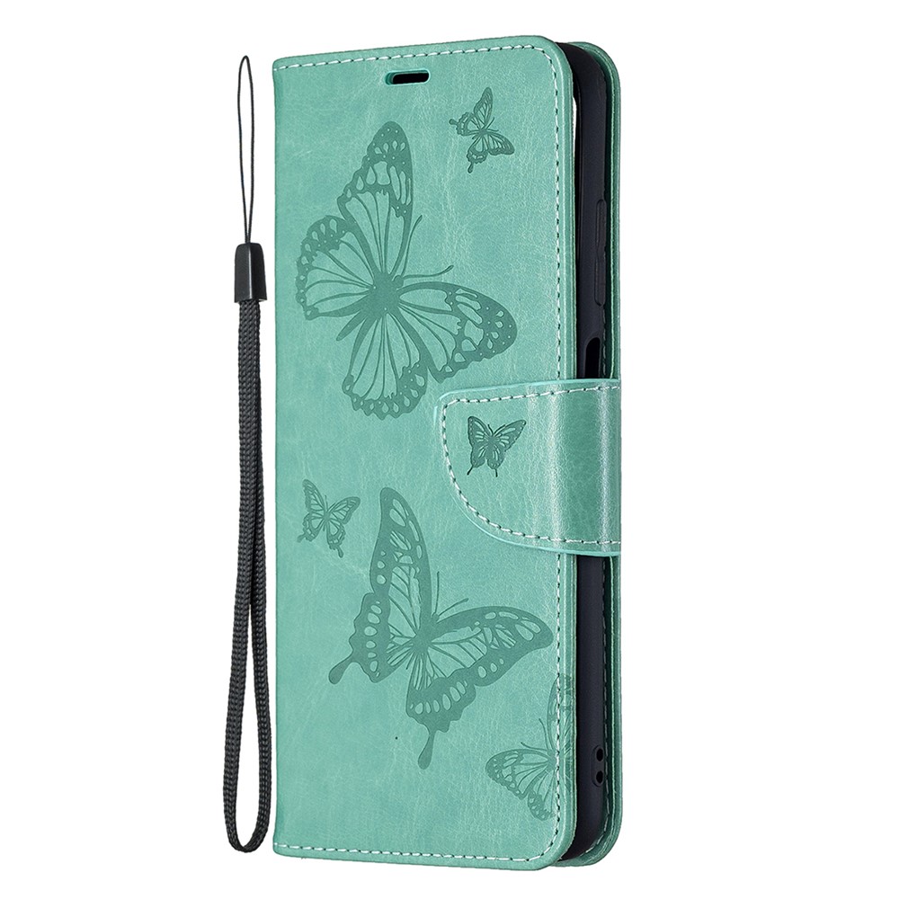 Imprint Butterfly Flower PU Leather Magnetic Flip Folio Wallet Case with Wrist Strap for Samsung Galaxy A03s - Green-2
