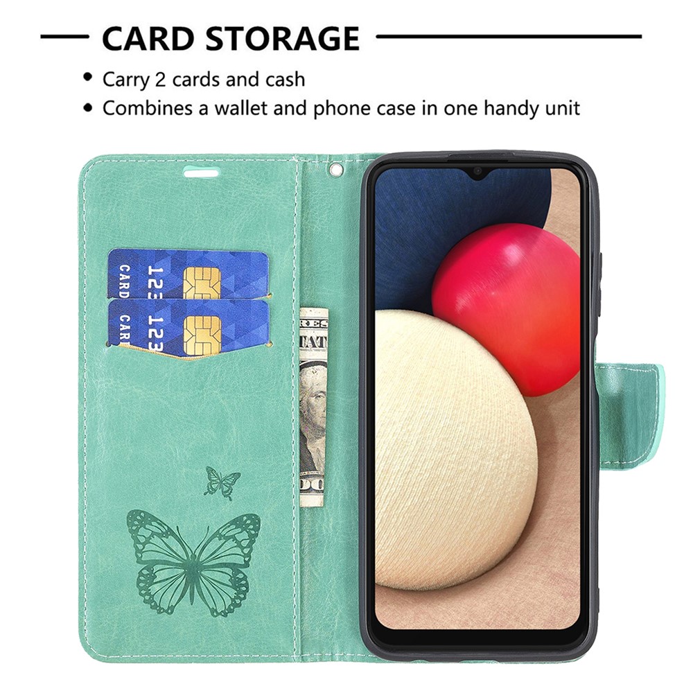 Imprint Butterfly Flower PU Leather Magnetic Flip Folio Wallet Case with Wrist Strap for Samsung Galaxy A03s - Green-5