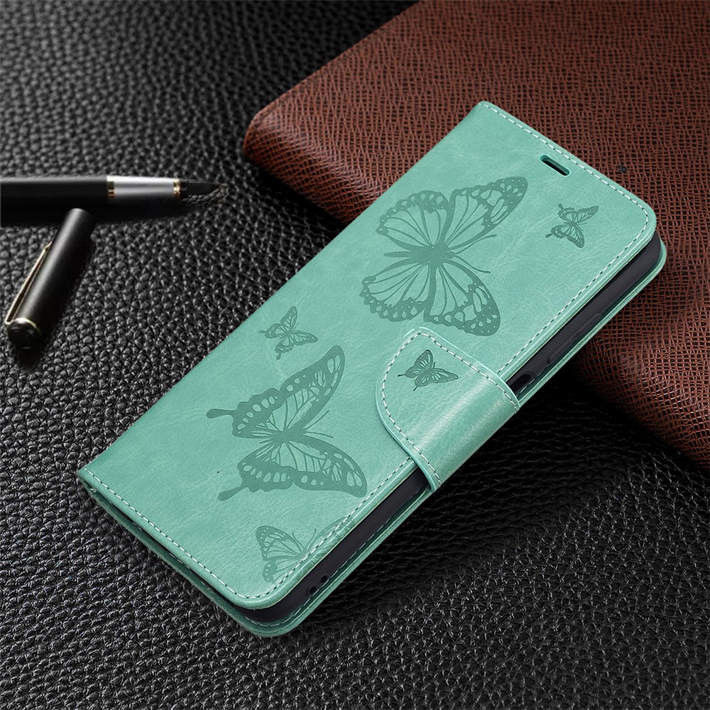 Imprint Butterfly Flower PU Leather Magnetic Flip Folio Wallet Case with Wrist Strap for Samsung Galaxy A03s - Green-6