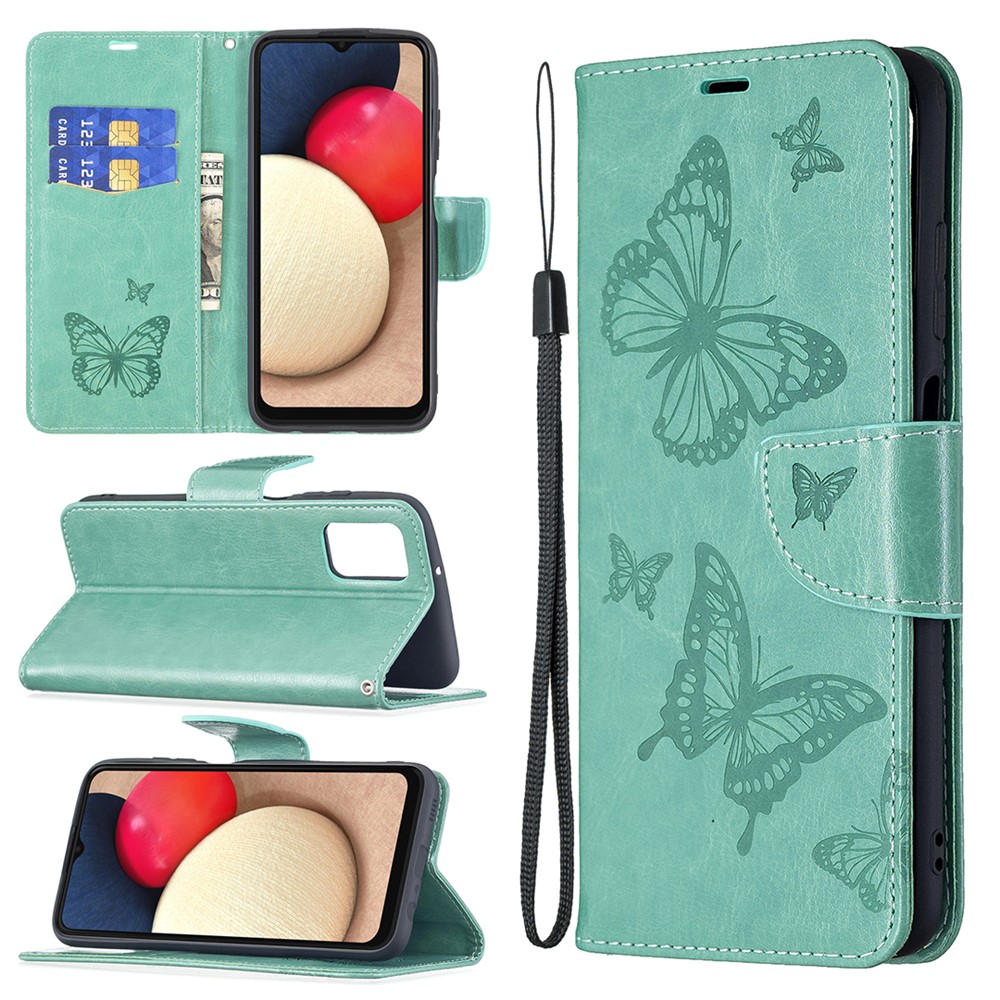 Imprint Butterfly Flower PU Leather Magnetic Flip Folio Wallet Case with Wrist Strap for Samsung Galaxy A03s - Green-8